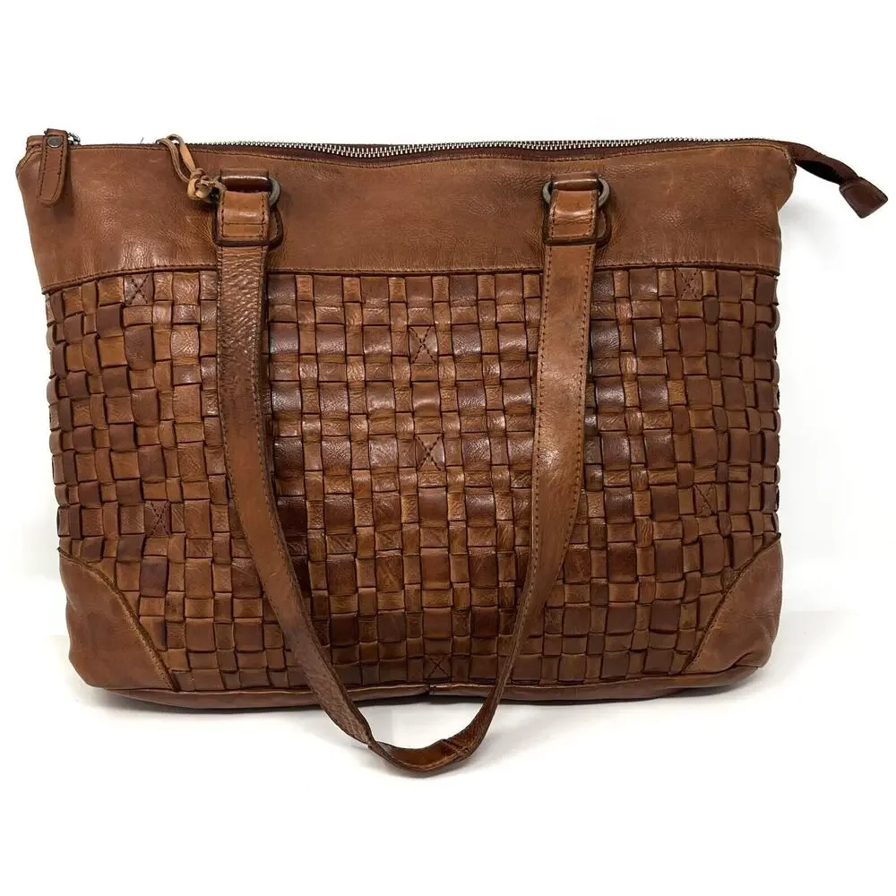 Vilenca Holland Laptop Shoulder Tote Bag Distressed Leather Brown Cognac NWT